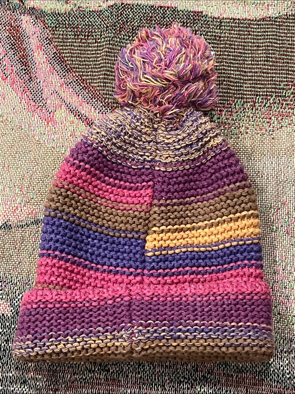Wild Fable Women’s Colorful Striped Knit Crochet Pom Pom Beanie Hat